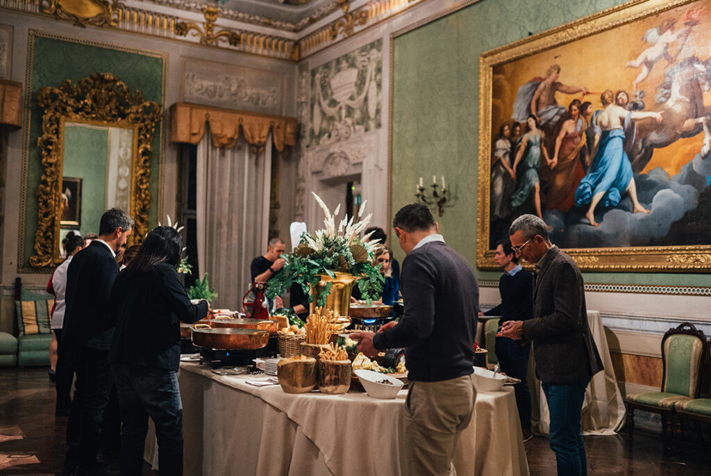 Dinner reception inside Palazzo Albergati historic palace in Bologna