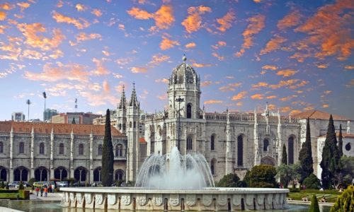 View on Jeronimos monastery in Lisbon Portugal at sunset